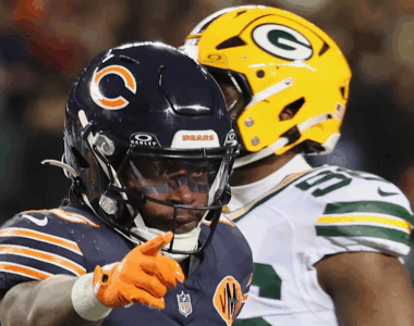 Chicago Bears running back Kyle Monangai (25) gestures toward the Green Bay Packers bench during their Week 16 game.