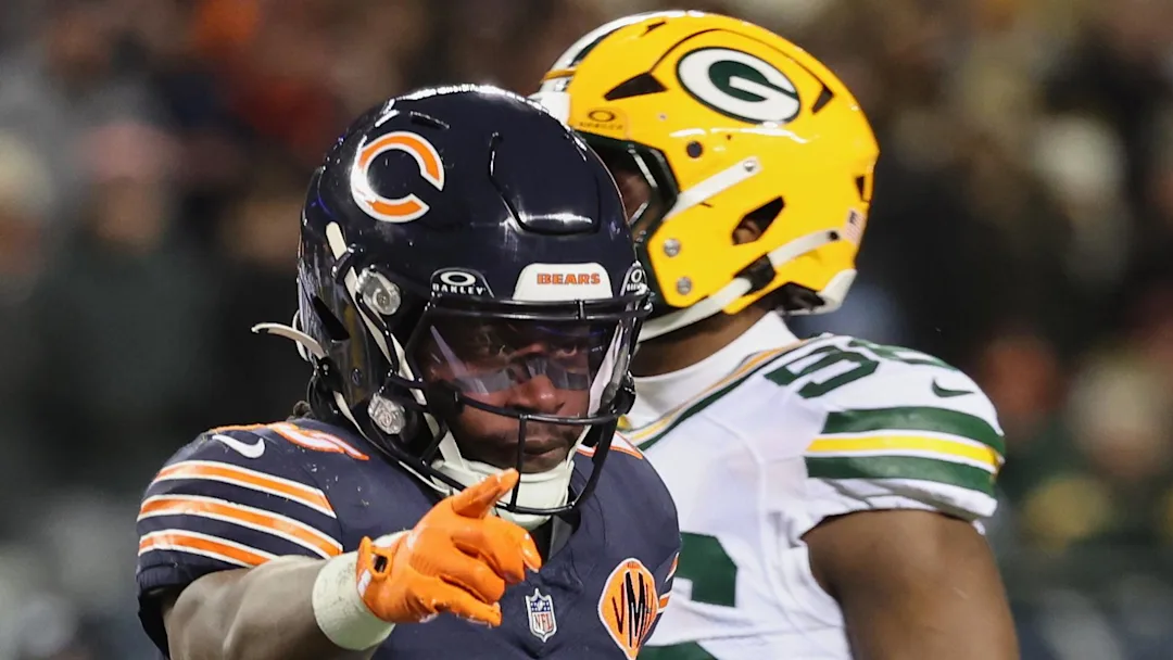 Chicago Bears running back Kyle Monangai (25) gestures toward the Green Bay Packers bench during their Week 16 game.
